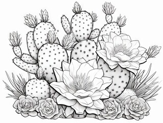 vibrant cacti in full bloom with sharp spikes - a captivating coloring page for all ages, featuring detailed vector illustration
