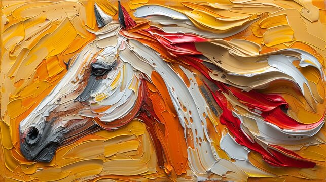 The image is an abstract oil painting with gold, a horse, a wall piece, modern art, paint spots, paint strokes, knife work, big strokes and stencils. It is a large stroke oil painting, mural, or an