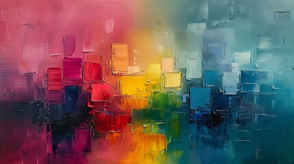 Featuring a combination of bright and muted colors in an abstract oil painting on panoramic canvas, with a unique texture and depth
