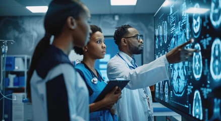 Diverse medical team discussing patient data on a digital screen in a clinic, showcasing AI technology for an ultrarealistic and cinematic look - obrazy, fototapety, plakaty