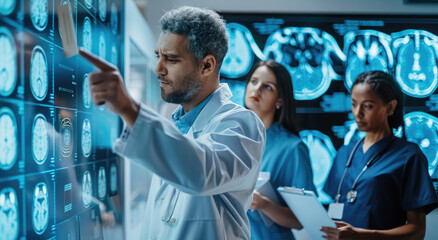 Diverse medical team discussing patient data on a digital screen in a clinic, showcasing AI technology for an ultrarealistic and cinematic look