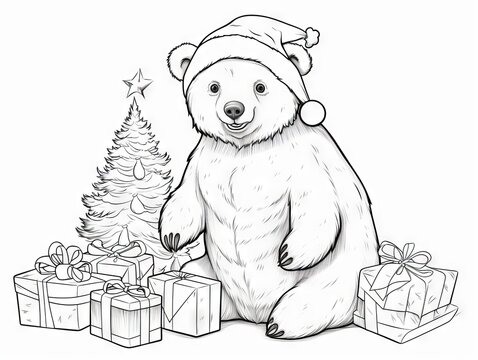 Christmas bear coloring page - hand-drawn festive illustration in black outline, ideal for holiday activities and decorations