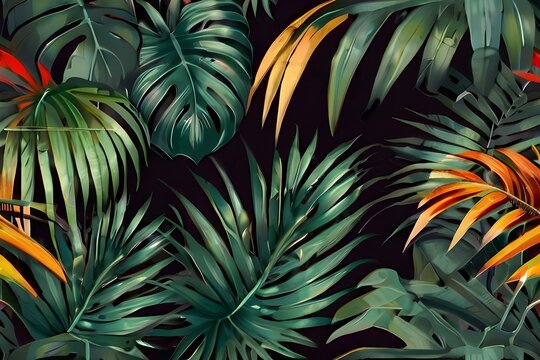 Tropical leaves of palm retro background design. Generative AI