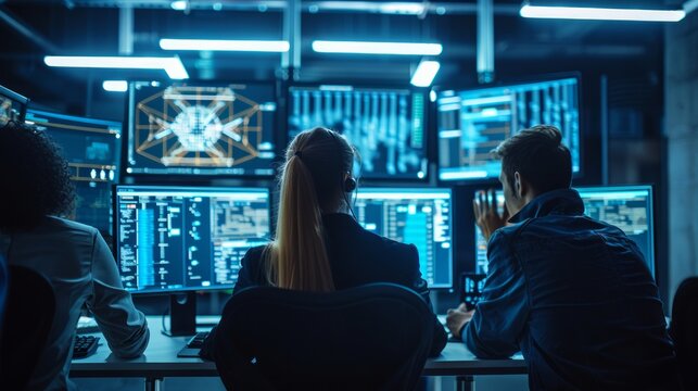 Team of experts analyzing complex data on multiple computer screens in a control room