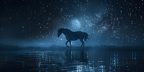 Beautiful horse silhouette in the night with starry sky 
