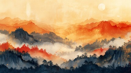 Ink landscape painting. Chinese technique, abstract artistic background. Modern art. Prints, wallpapers, posters, murals, carpets.