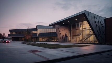 Fototapeta premium Modern sleek warehouse office building facility exterior architecture, steel, night, cloudy, overcast