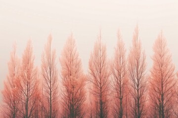 A serene scene of trees shrouded in mystical morning fog, the pastel color palette enhancing the...