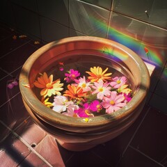 Obraz na płótnie Canvas A rustic pot overflows with colorful flowers casting a rainbow on adjacent tiles