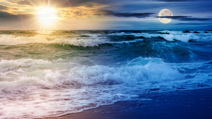 seascape at summer solstice. sea waves crashing beneath a sky with sun and moon. day and night time change concept