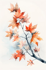 Watercolor painting of orangeleaved tree branch on white background
