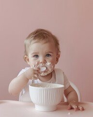 Little boy with messy face focusing on hand in food bowl, serious gaze