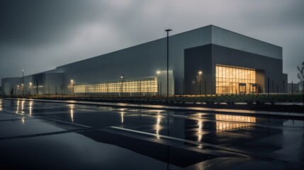 Fototapeta premium Modern sleek warehouse office building facility exterior architecture, steel, night, cloudy, overcast