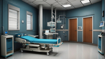 A hospital room with a bed  medical equipment  and a door - obrazy, fototapety, plakaty