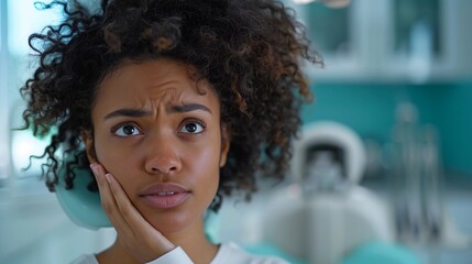 Black Feale Patient With Toothache At Dental Clinic Waiting for Tooth Treatment, Close-Up, Dental Care, Oral Pain. AI Generated