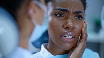 Black Feale Patient With Toothache At Dental Clinic Waiting for Tooth Treatment, Close-Up, Dental Care, Oral Pain. AI Generated
