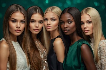 Fototapeta premium Five diverse female models pose elegantly against a sparkling green backdrop, showcasing beauty and fashion