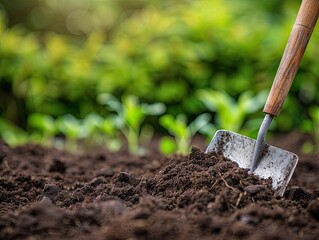 Preparing to Plant, A close-up of a garden spade digging into fertile soil with a backdrop of lush greenery, readying the earth for new plants. agriculture, gardening, tool, metal, wooden, handle