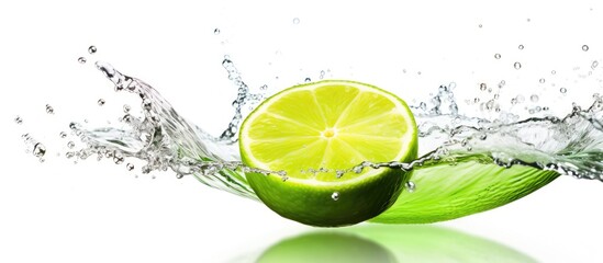 A close-up image showing a lime fruit being drenched as water splashes onto it