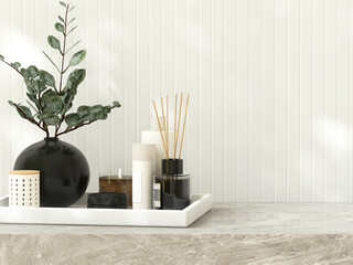 Mockup of reed stick diffuser, candle, bottle and cream jar in tray on marble counter, tree in sunlight, shadow on stripe pattern tile wall for luxury cosmetic, skincare, beauty product background 3D