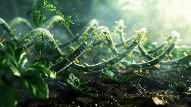 Photosynthesis and Genetics, An artistic representation of the photosynthesis process with a visual twist of DNA strands, showcasing the link between genetics and plant growth. nature, biology, leaves