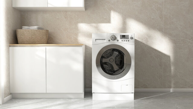 Laundry room with brown wooden countertop counter, rattan basket, white washing machine in sunlight on beige marble tile wall in background 3D