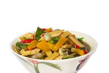 Food from Thailand with the bamboo shoot curry, delicious and good taste put on the white background,concept isolated picture.