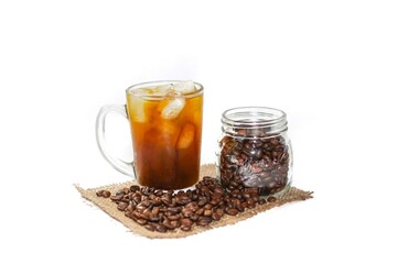 Americano ice coffee and coffee beans put on white background and isolated photo concept.