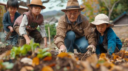 Asian grandfather and his three grandchildren working in the garden - obrazy, fototapety, plakaty