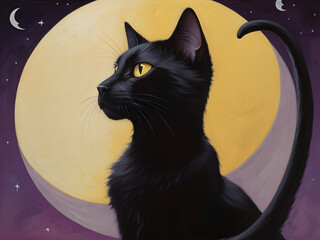  Black Cat with Glowing Eyes on Crescent Moon"
 Intense Gaze of Black Cat on the Crescent Moon"