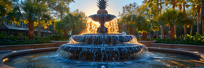 Pineapple fountain in Waterfront Park Charleston ,
Stone Flower fountain and pavilion  - obrazy, fototapety, plakaty