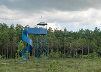 landscape from the swamp, blue spectator tower in the swamp, Estonia, Soma National Park