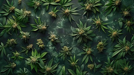 Overhead flat lay of dried cannabis marijuana buds on a matte dark green background, generative ai 
