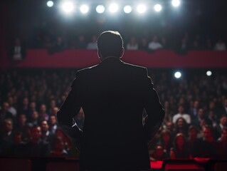 Silhouette of a person giving a speech to a captivated audience, depicting leadership, communication, and public speaking.
