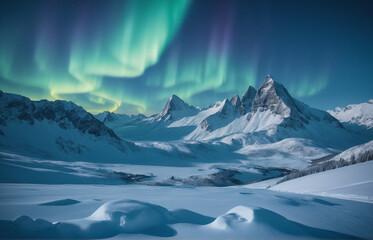 Fototapeta na wymiar Blue winter landscape Mountains snow aurora borealis
