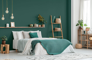 Photo of a Scandinavian-style bedroom with emerald green walls, white ceiling and floor