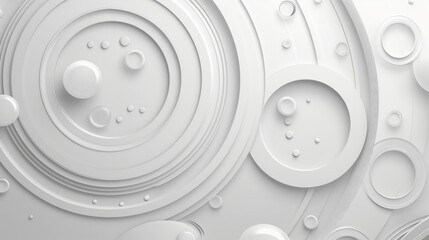 An abstract composition featuring various white circles and curves in a monochromatic, minimalist style.