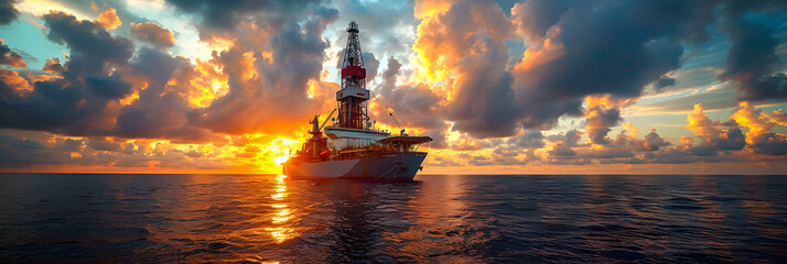 Drill ship in the Gulf of Mexico,
Sunset over the Sea
 - obrazy, fototapety, plakaty