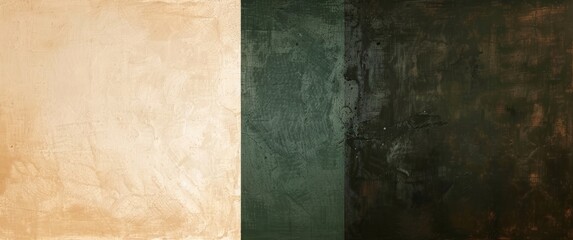 Minimalist abstract painting with three color blocks of dark green, beige and brown. Modern art background for wall decoration or interior design