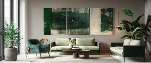 Minimalist abstract painting with three color blocks of dark green, beige and brown. Modern art...