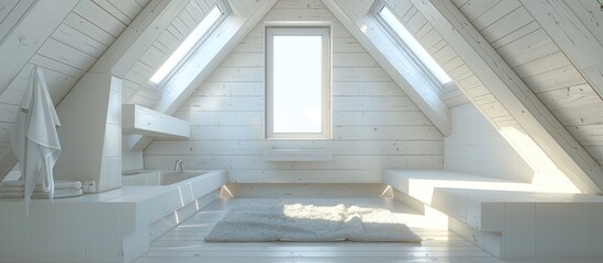 A comfortable attic space featuring a white bed and a view window, creating a warm and inviting atmosphere