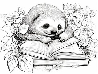 Fototapeta premium Autumnal bliss: a serene sloth slumbers atop a literary treasure, encircled by a vase adorned with fall’s bounty and a scattering of acorns and maple leaves - a vector outline for coloring enthusiasts