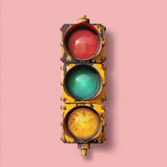 A retro-style traffic signal displays the classic three-color light system against a flat pink...