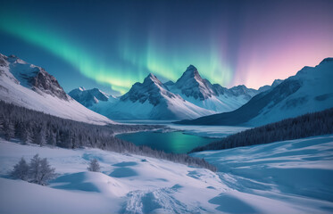 Blue winter landscape Mountains snow aurora borealis