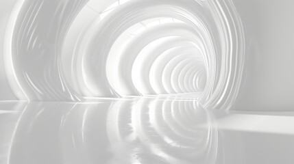Abstract curved white tunnel corridor with reflective floor creating a sense of infinity.