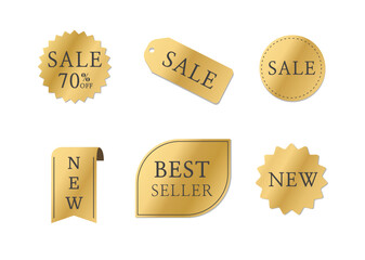 Sale labels gold. sale tags. Gold starburst stickers. Ribbon sale banner. Discount labels. Vector illustration
