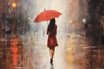 哀愁漂う赤い傘をさす女性 - obrazy, fototapety, plakaty