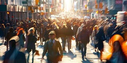 Unidentified mass of individuals strolling on a bustling metropolis road. - obrazy, fototapety, plakaty