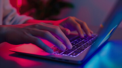 Close-up view of hands on a laptop keyboard, illuminated by vibrant neon lighting, capturing a modern work or gaming environment.