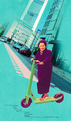Modern senior woman with scooter against abstract city. Contemporary art collage or design
